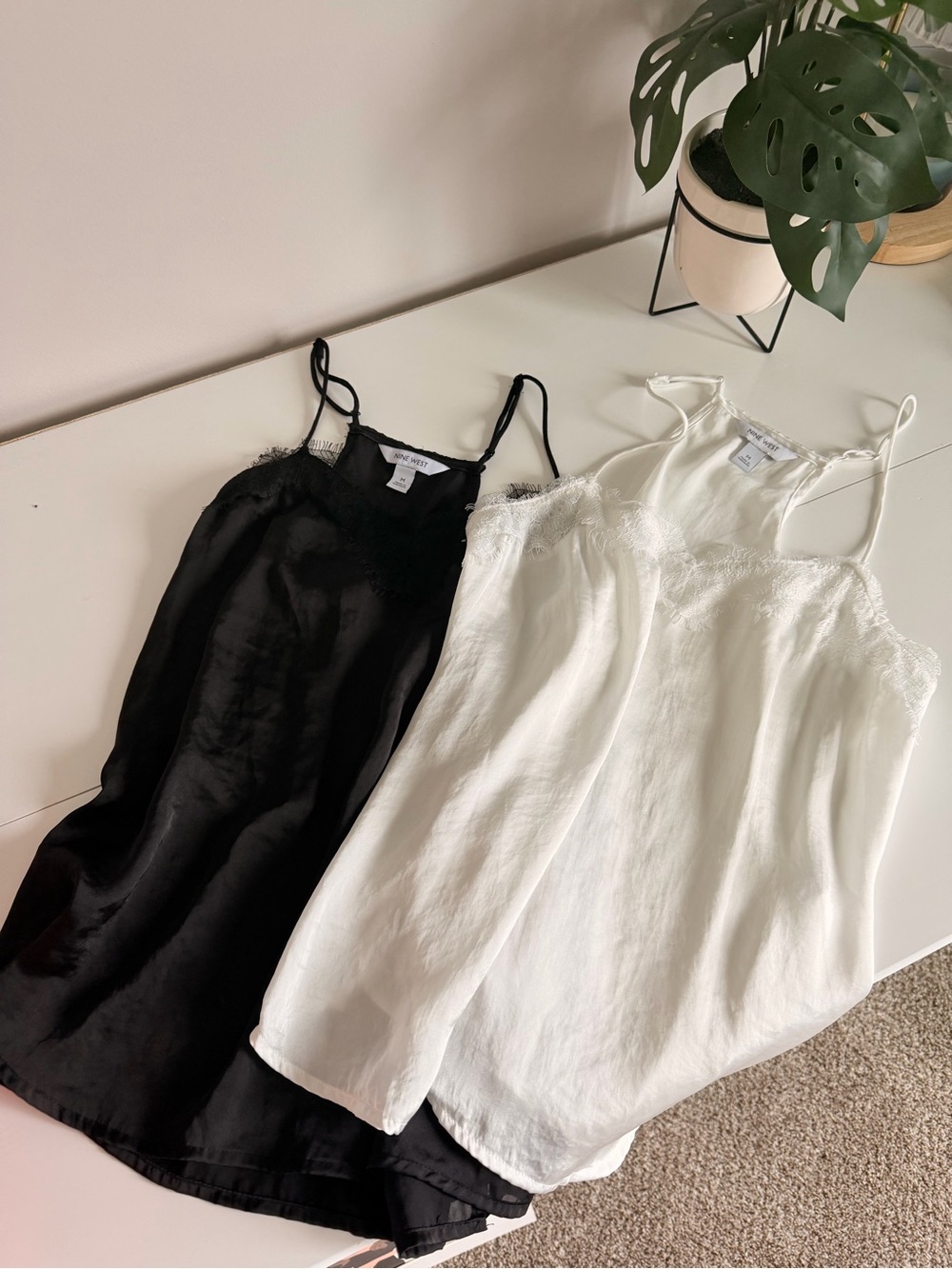 Nine West Lace-Trim Satin Camisoles - Black & White